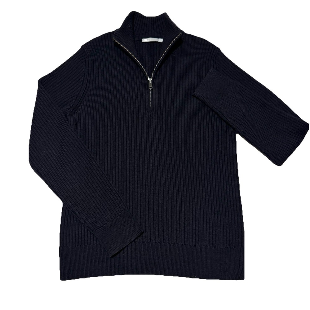 Vince Mens Large Black 100% Wool Thick Knit Sweater Ottoman Ribbed Quarter Zip